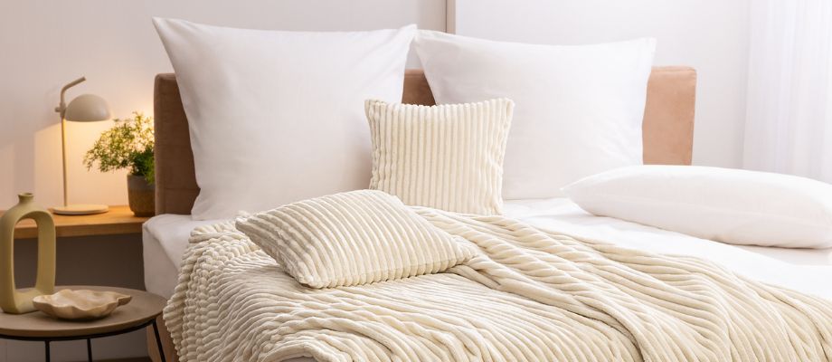 Dekokissen in der Farbe beige auf dem Bett
